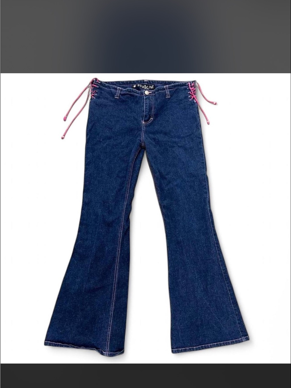 Mudd Dark Blue Flare Jeans with Pink Lace-Up Waist